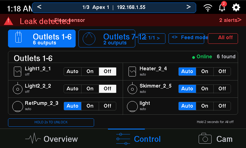BlueKrush OS prototype outlet controls with Auto, On, and Off modes and a hold-to-unlock control.
