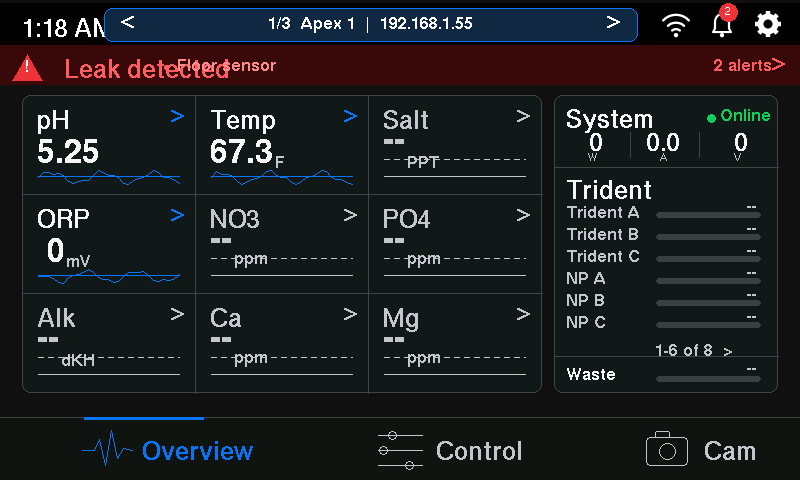 BlueKrush OS on prototype hardware with test tank readings, system status, and navigation.