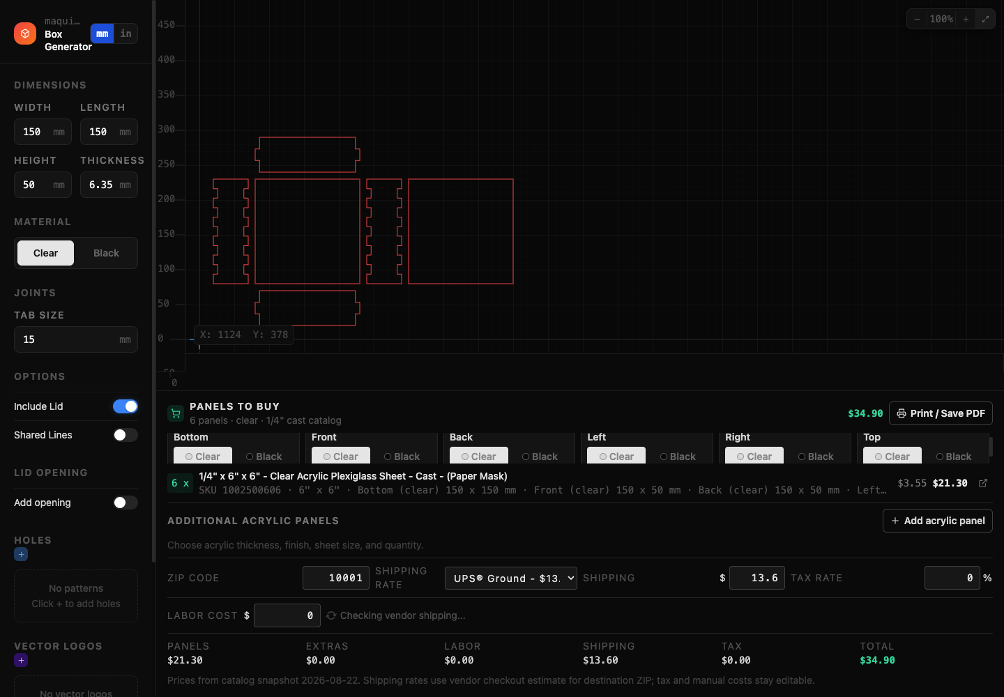 Box Maker dimensions, panel design, and material estimate with sample values.