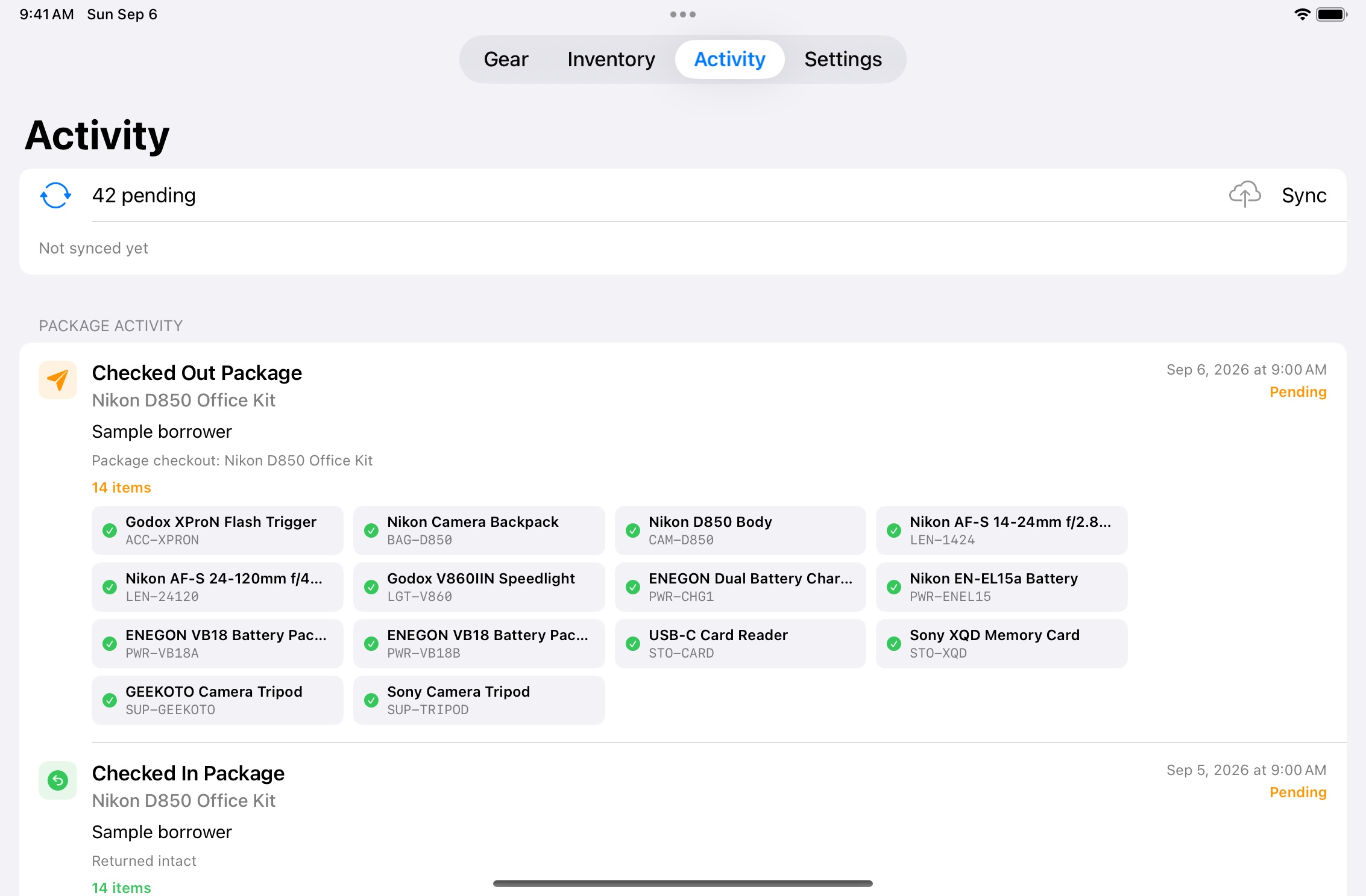 Activity history showing sample camera-kit checkout and return events, included items, timestamps, and transactions pending sync.