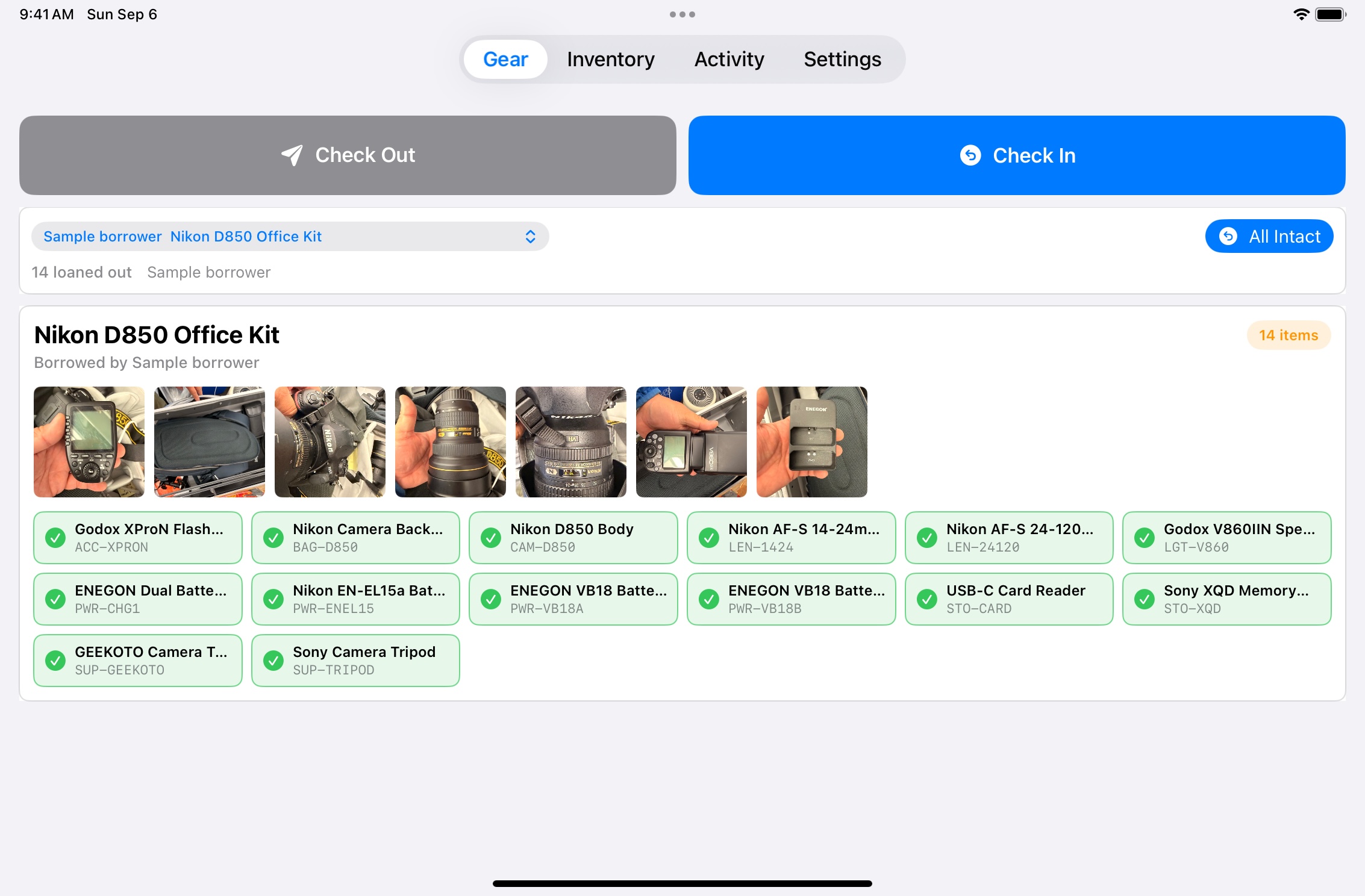 Return checklist for a sample borrower with 14 loaned items, individual condition controls, and a Check In All action.