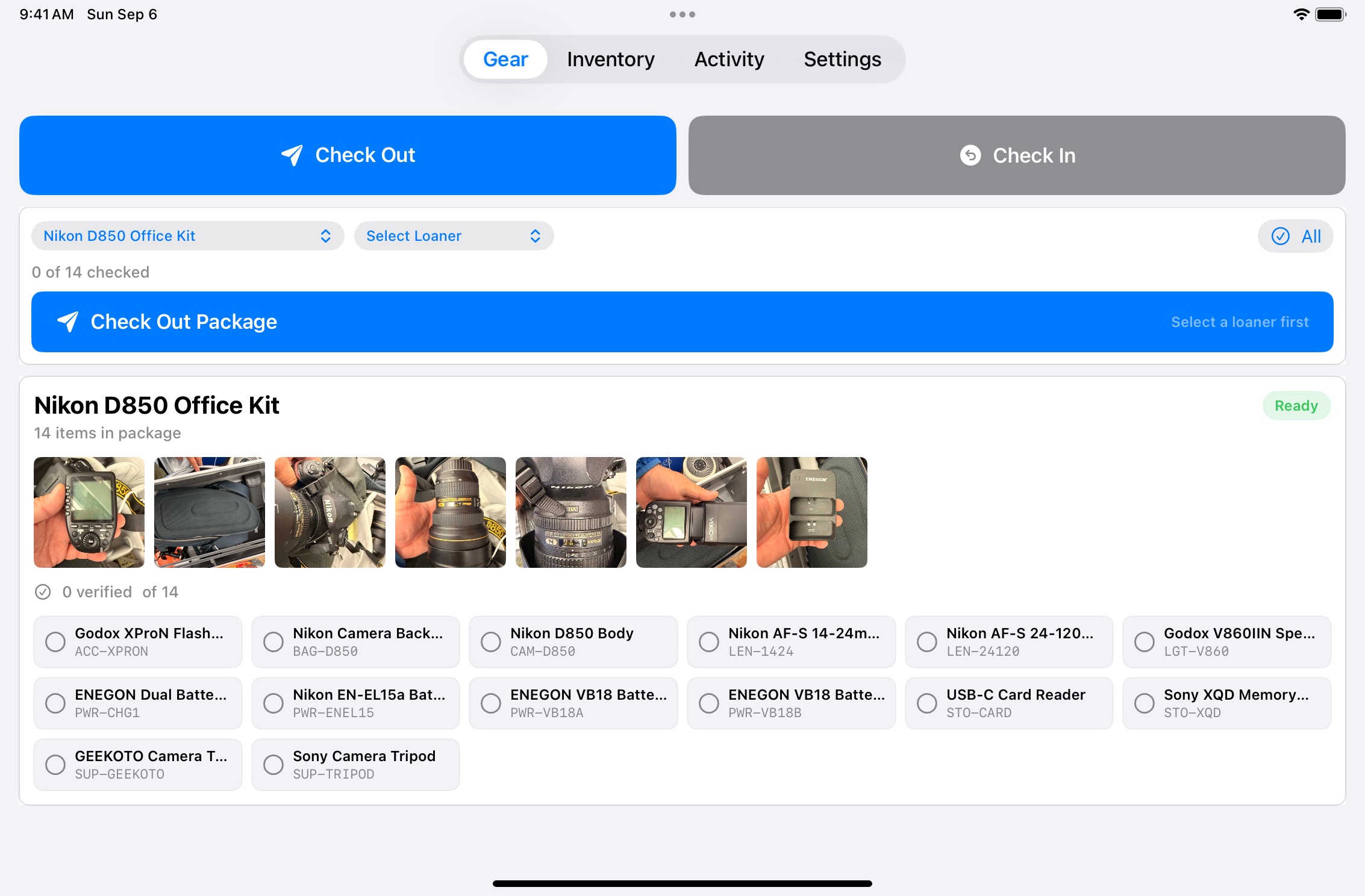 OfficeGearCheck on iPad showing a 14-item Nikon camera kit, gear photos, borrower selection, and a checklist for package checkout.