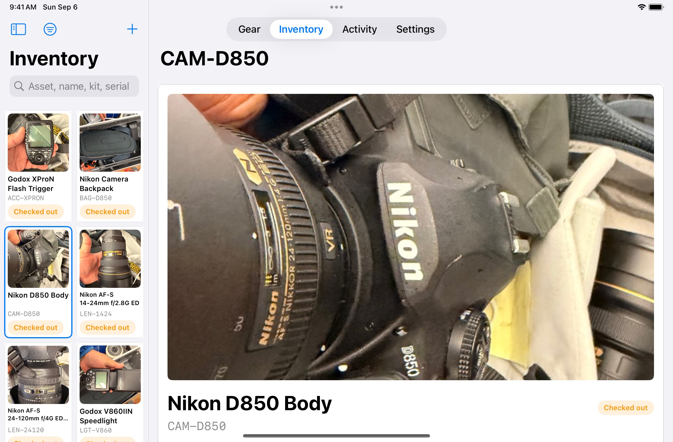 Photo inventory beside a Nikon D850 camera record with its asset tag, kit, condition, sample borrower, and desk actions.