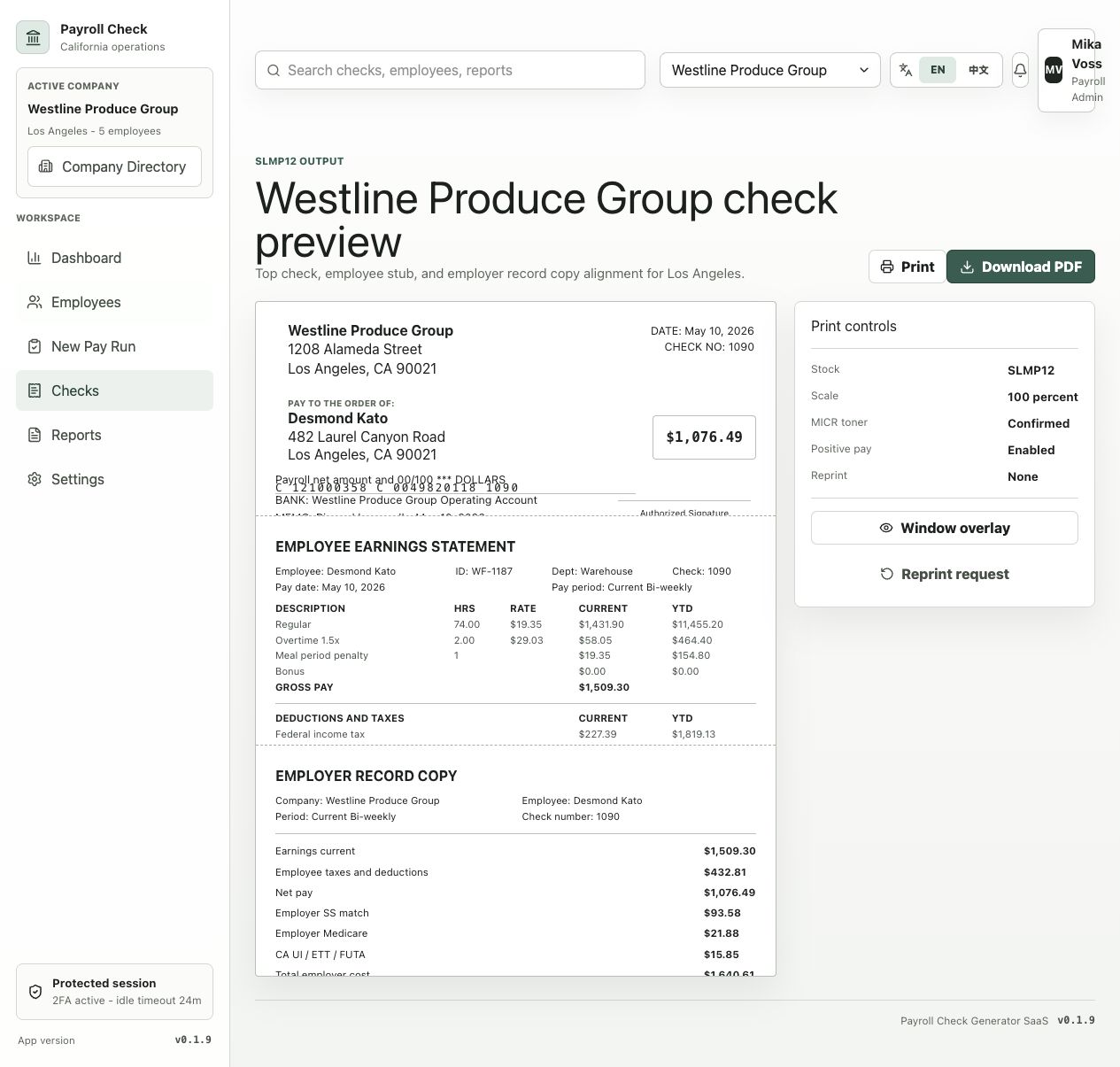 Payroll check interface with a sample check, employee earnings statement, employer record, print controls, and PDF export button.