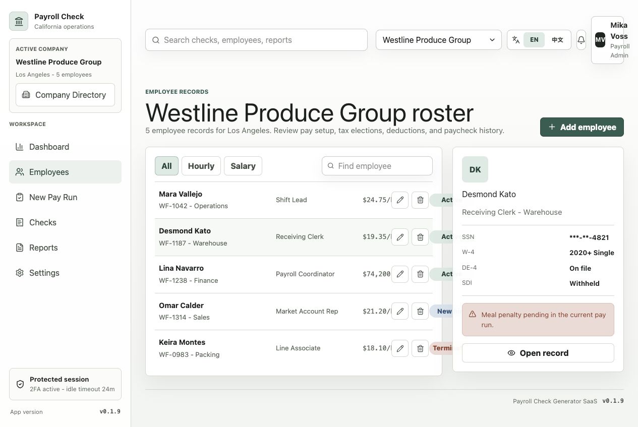 Sample employee roster with hourly and salary pay, departments, employment status, and a selected employee's record summary.