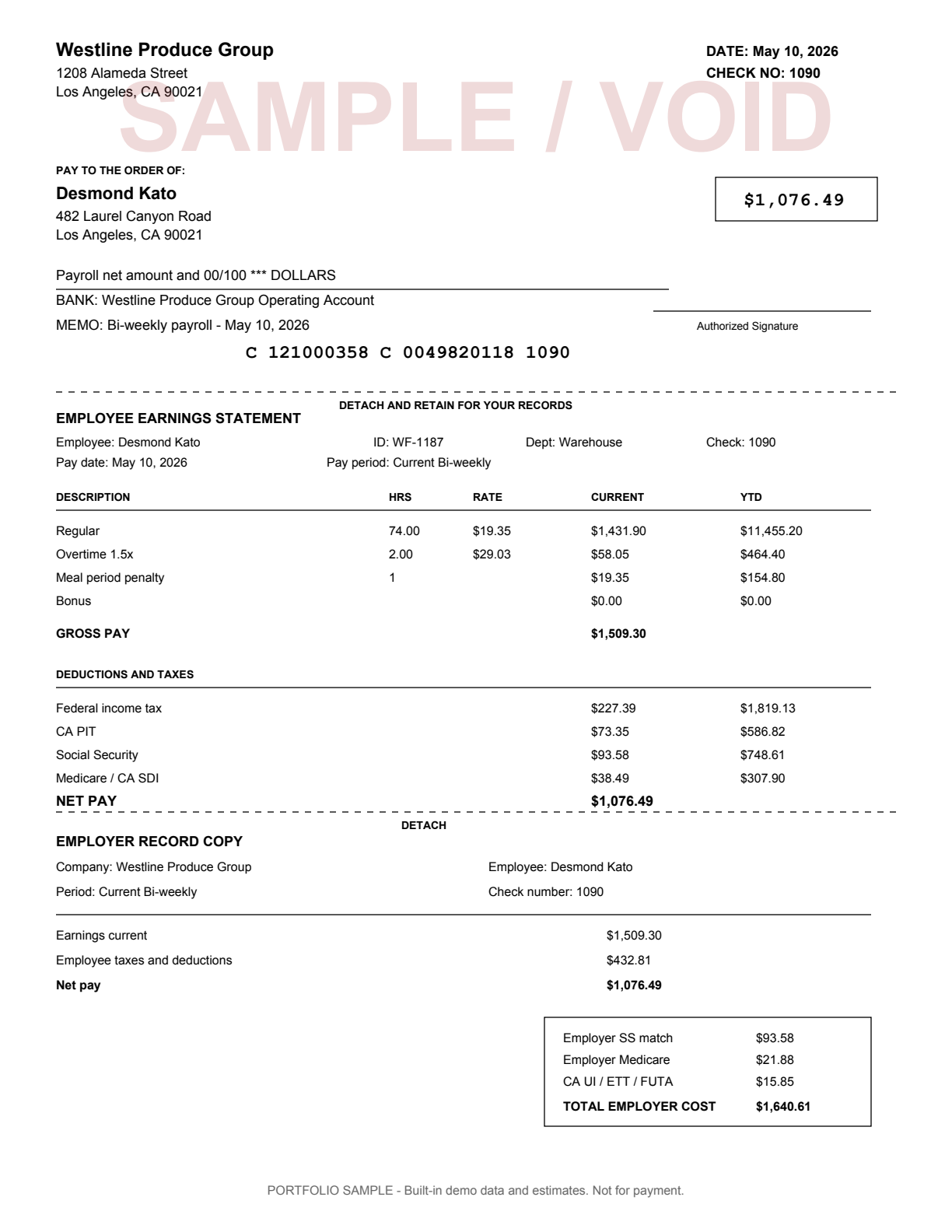 Sample paycheck PDF marked SAMPLE / VOID, with the check at the top, employee earnings statement in the middle, and employer record below.