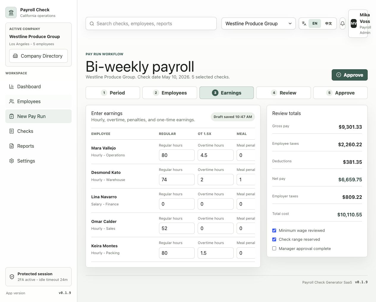 Bi-weekly pay-run interface with sample employee hours, overtime, earnings inputs, review totals, and approval checklist.