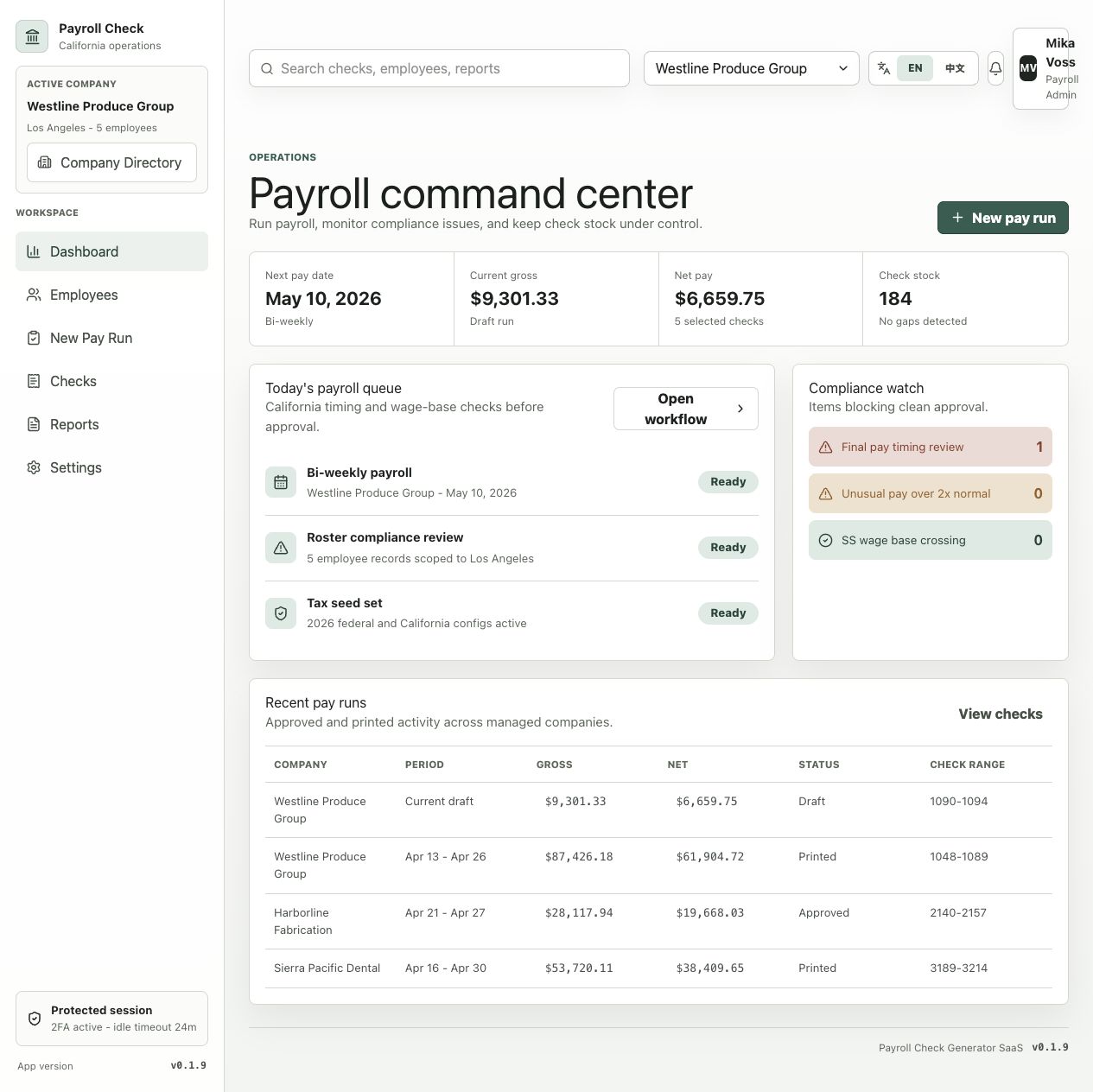Payroll SaaS prototype dashboard showing a sample company's pay date, gross and net pay, payroll review queue, and recent pay runs.